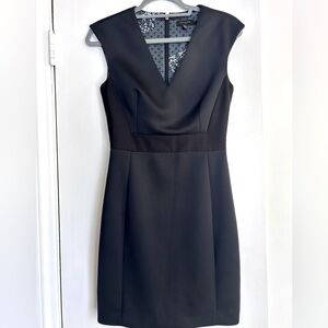 Ted Baker Black V Neck Ribbed Waist Bodycon Floral Lining Sheath Dress LBD, XS/4